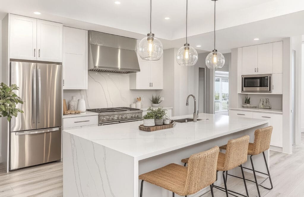 A modern kitchen with a large white island, three woven barstools, and three pendant lights. Stainless steel appliances, including an oven and refrigerator, are set in white cabinetry. Green plants decorate the countertop.