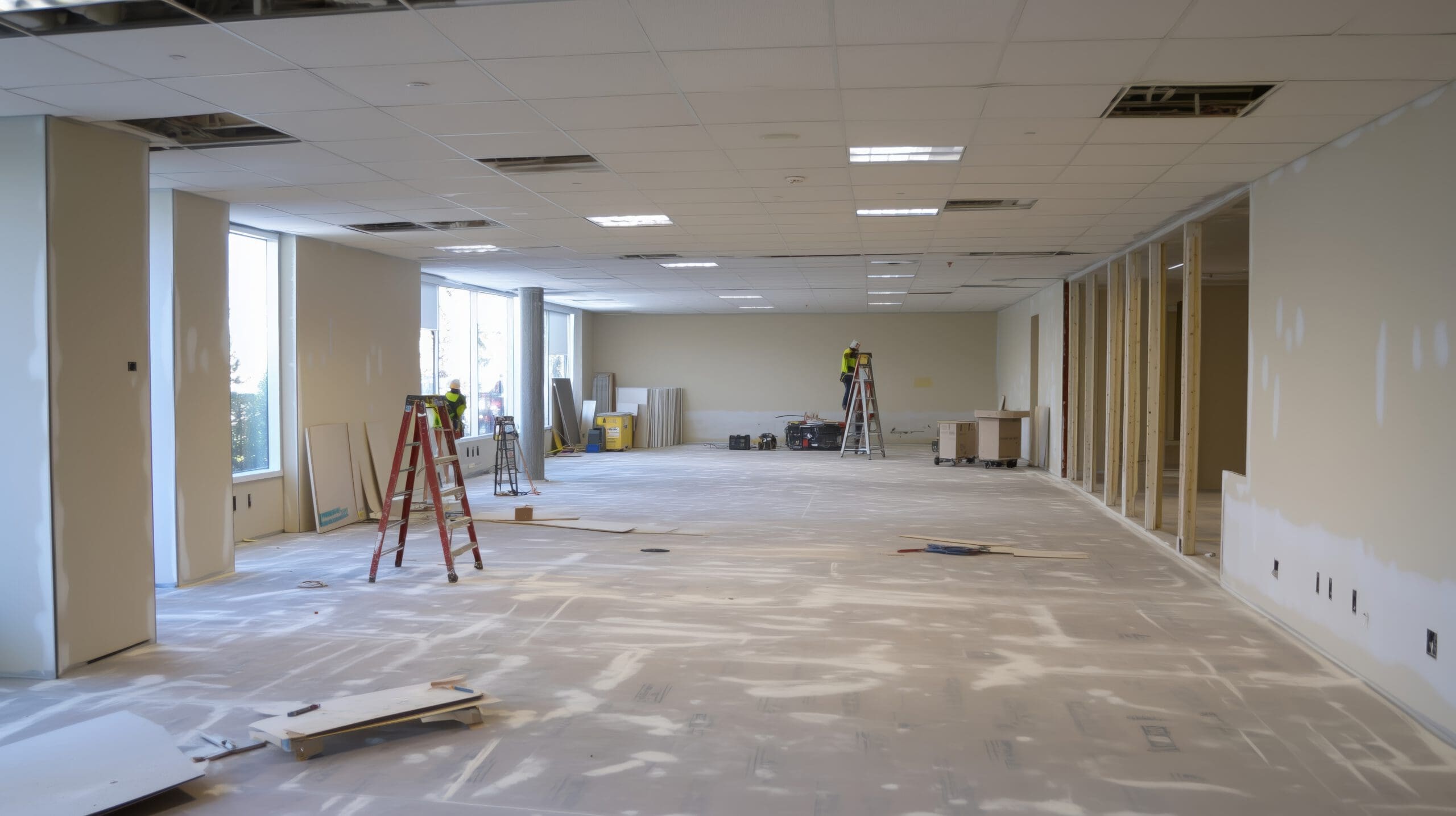 A partially renovated office space with exposed wiring and unfinished walls. Two ladders stand on the bare floor, and workers are installing ceiling tiles. Large windows on the left bring light into the room. Construction tools are scattered around.