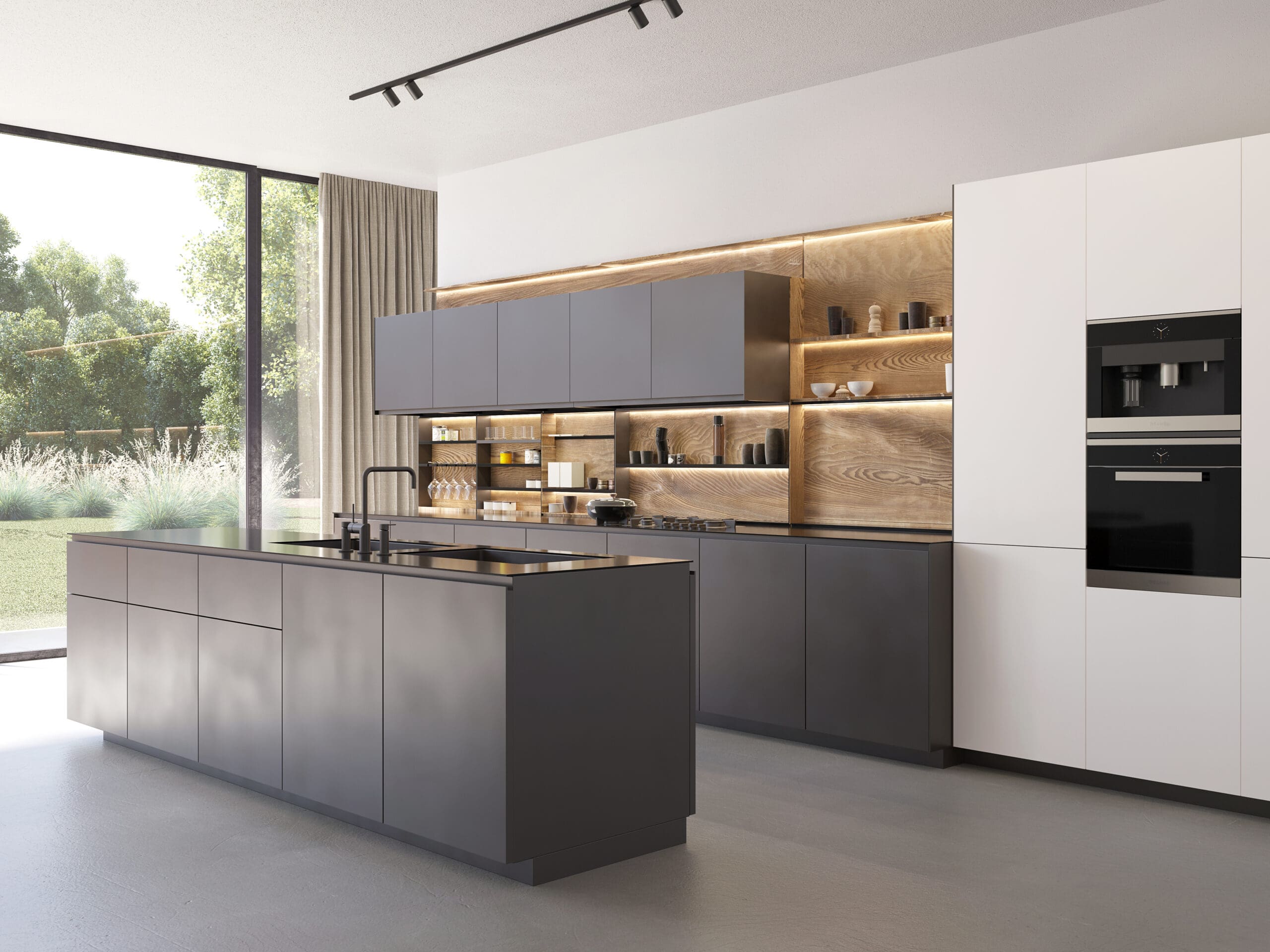 A modern kitchen with dark gray cabinetry, a central island with a sink, and built-in appliances. Open shelving displays dishes and decor. Large windows offer natural light and a view of greenery outside.