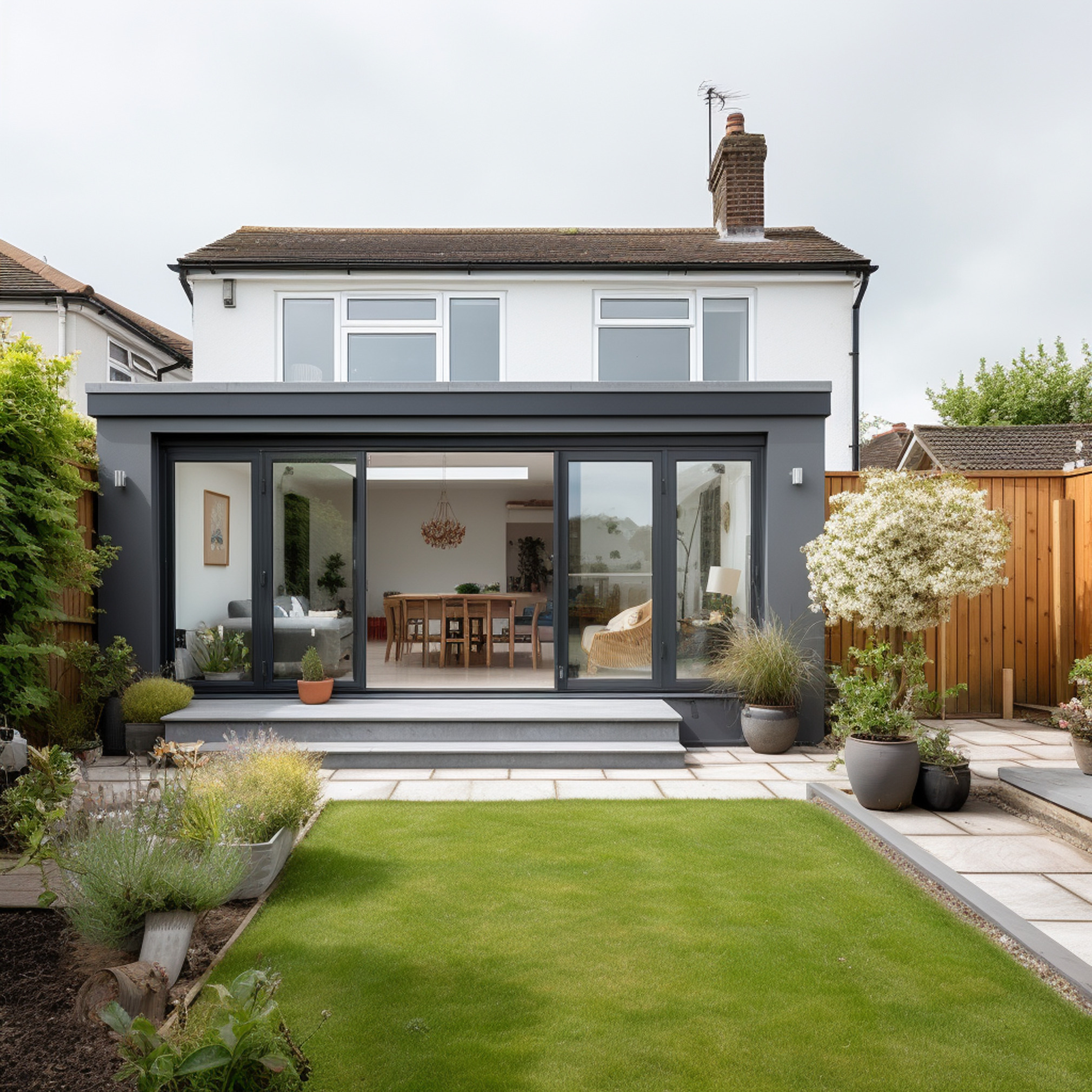 A modern two-story house with a gray and white facade features large sliding glass doors opening to a neatly landscaped backyard with a lush green lawn, potted plants, and a wooden fence. The dining area inside is visible through the doors.