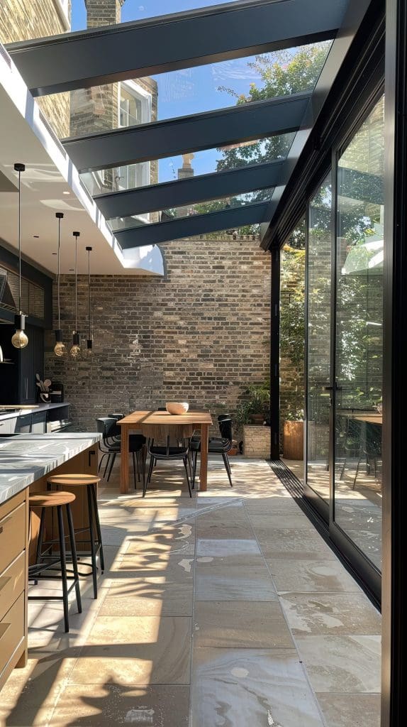 A modern kitchen and dining area with large glass sliding doors and a glass roof, allowing natural light to flood the space. The room features a wooden dining table, black chairs, bar stools, and pendant lights, with a brick wall backdrop.