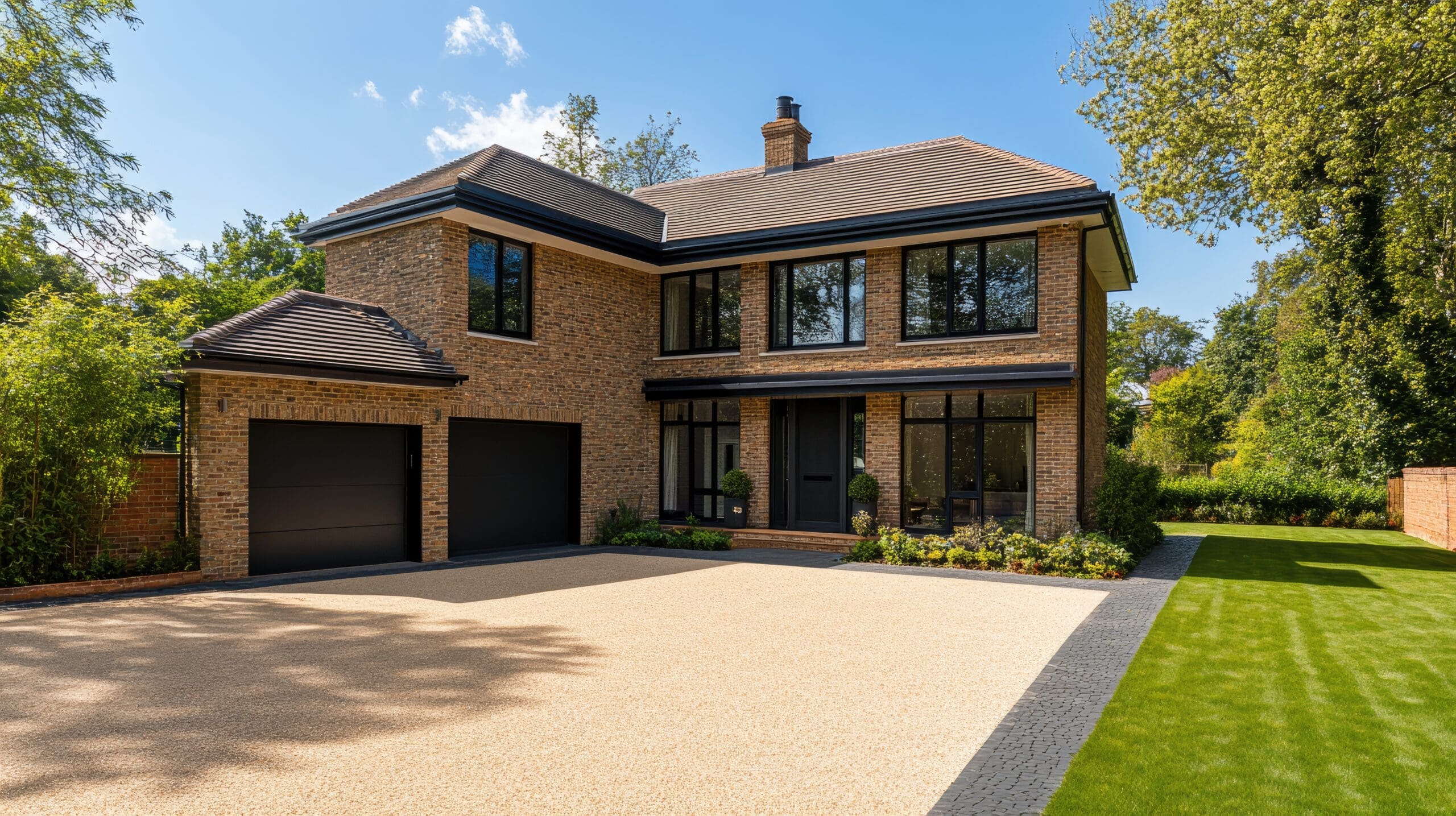 A large, modern two-story brick house with a tiled roof, featuring two black garage doors on the left. It is surrounded by a well-maintained garden with lush green grass and shrubs. The sky is blue with a few clouds.