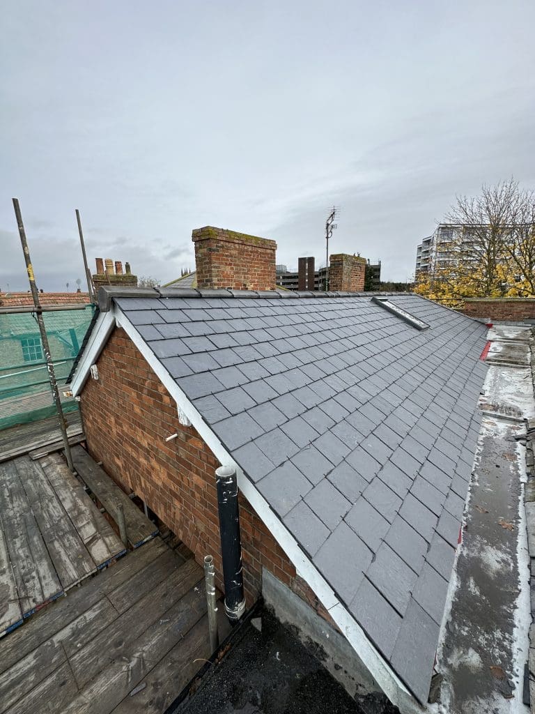 A rooftop with new gray shingles is shown. It has a chimney and a skylight. Scaffolding with green netting is on the left, and a cityscape with buildings and trees is visible in the background under a cloudy sky.