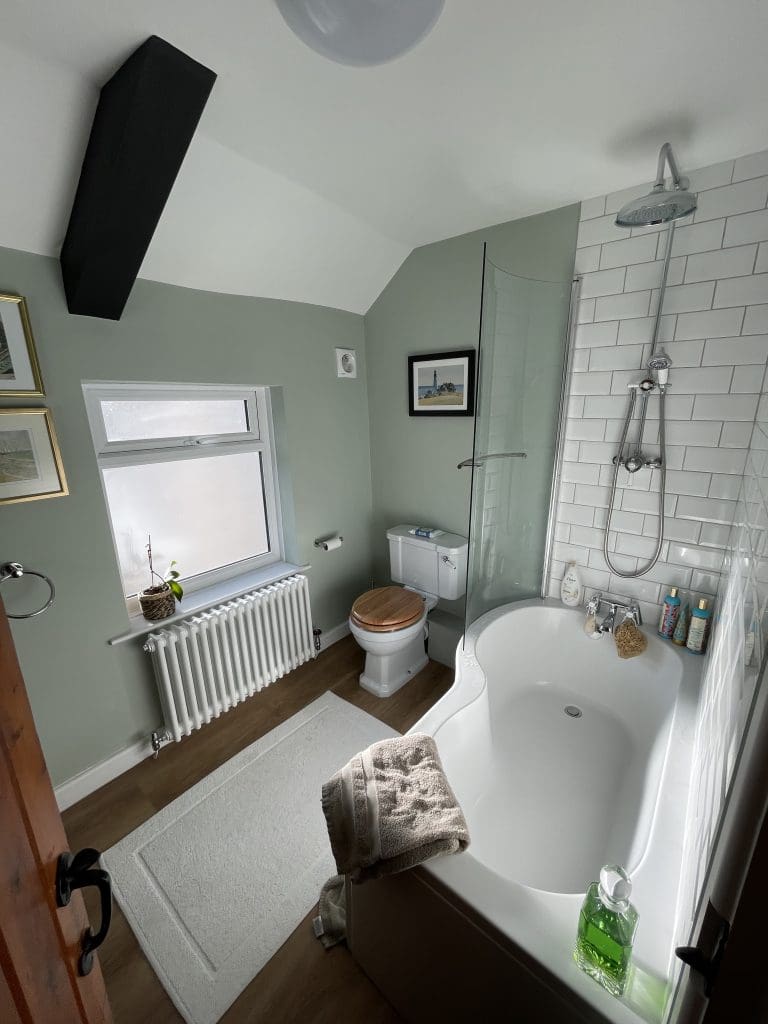 A cozy bathroom with a white corner bathtub and overhead shower. There is a white toilet, radiator, and a window with frosted glass. A plant sits on the windowsill, and folded towels rest on the tub edge. Walls are painted light green.