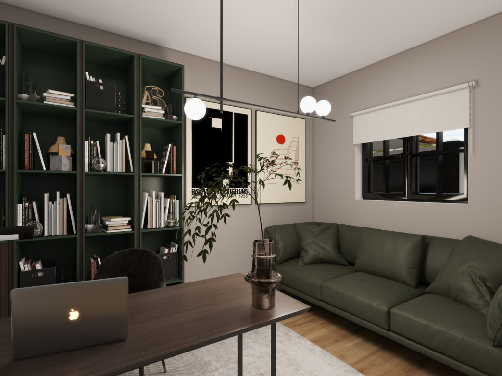 A modern home office with a green bookshelf, desk with a laptop, green sofa, large plant, and minimalist wall art. Natural light enters through windows with white blinds, creating a cozy, organized workspace.