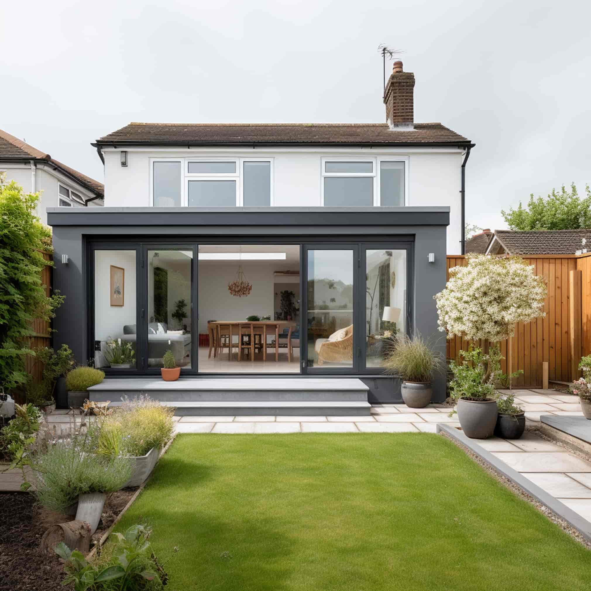 A modern house with large glass sliding doors opens to a neat backyard garden with a paved patio, potted plants, green lawn, and wooden fencing on both sides. Indoors, a dining area and sofa are visible.